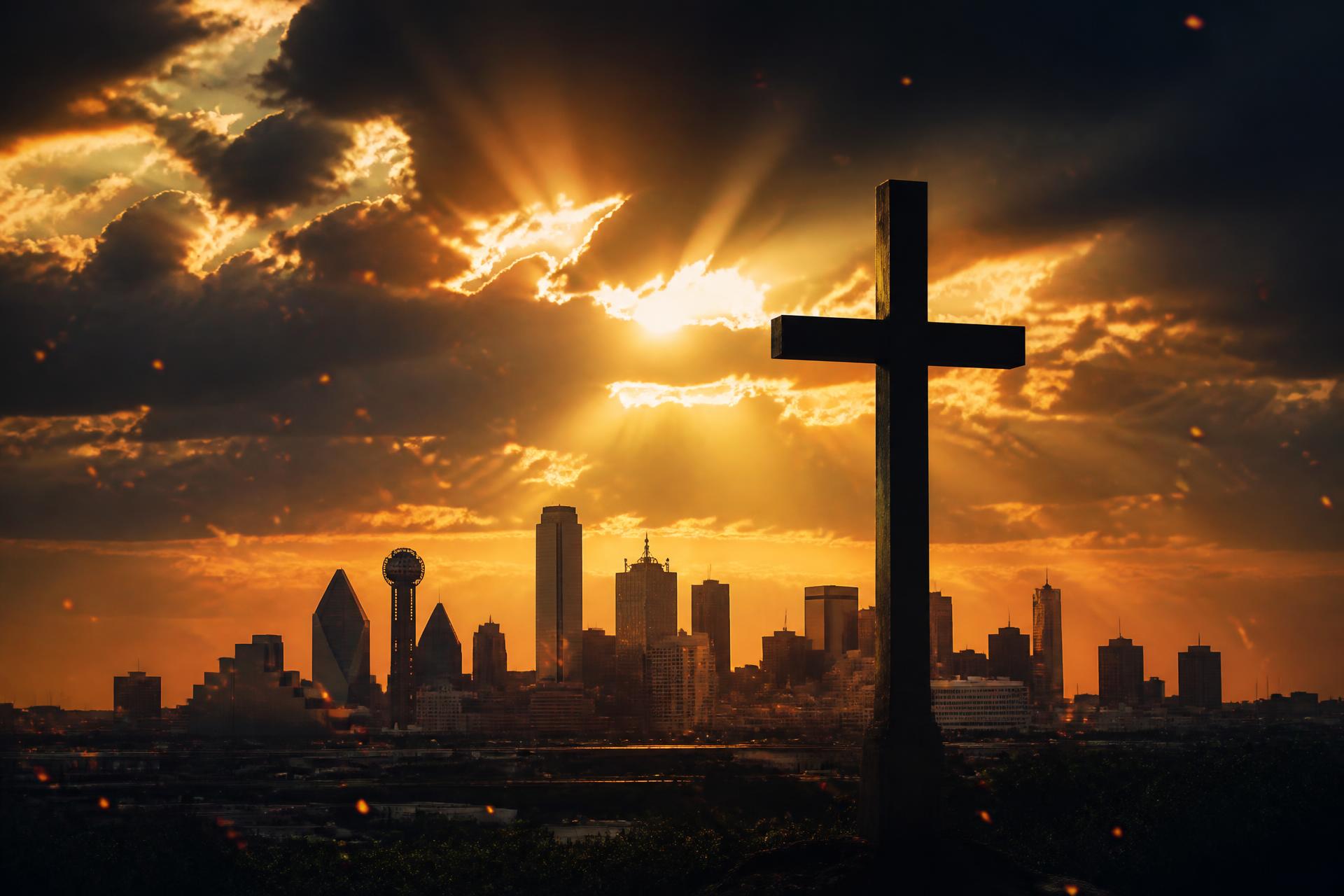 Cross silhouette over Dallas skyline at sunrise